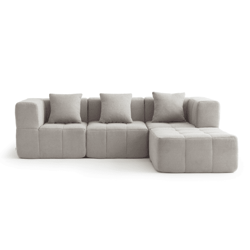 Sofá modular de 3 lugares com chaise longue, tecido bouclé na cor bege pedra