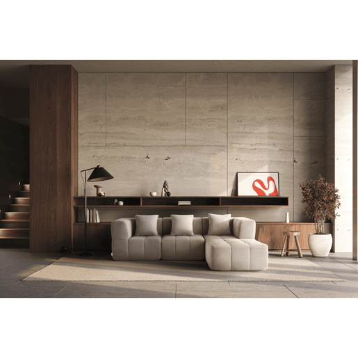 Sofá modular de 3 lugares com chaise longue, tecido bouclé na cor bege pedra