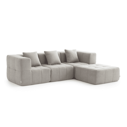 Sofá modular de 3 lugares com chaise longue, tecido bouclé na cor bege pedra