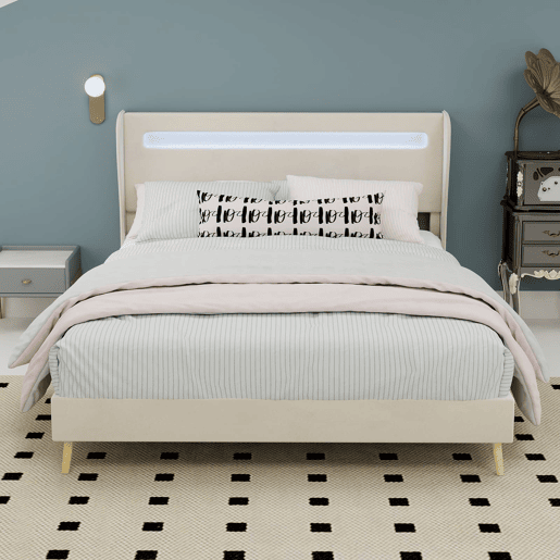 Cama estofada 140x200 - cabeceira macia com LED, base baixa sem arrumação - Bege