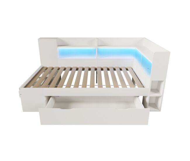 Cama individual 90x200 cm - funcional con led, usb/tipo-c, almacenamiento y estantes - blanco