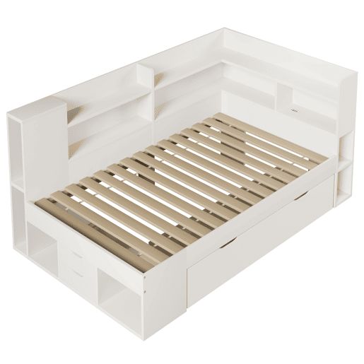 Cama individual 90x200 cm - Funcional com LED, USBTipo-C, arrumação e prateleiras - Branco Cama individual 90x200 cm - Funcional com LED, USBTipo-C, arrumação e prateleiras - Branco