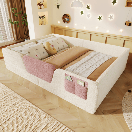 Cama estofada, 140x190 cm - Barreira removível, bolso integrado, veludo - Bege