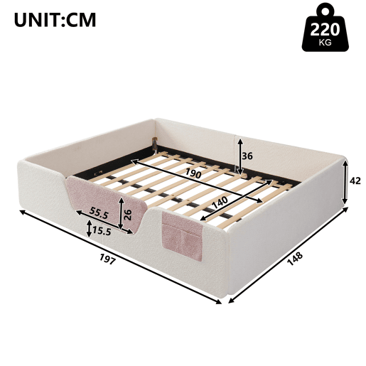 Cama estofada, 140x190 cm - Barreira removível, bolso integrado, veludo - Bege