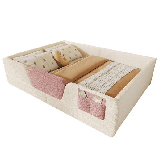 Cama estofada, 140x190 cm - Barreira removível, bolso integrado, veludo - Bege