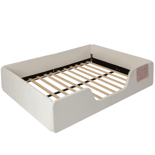 Cama estofada, 140x190 cm - Barreira removível, bolso integrado, veludo - Bege