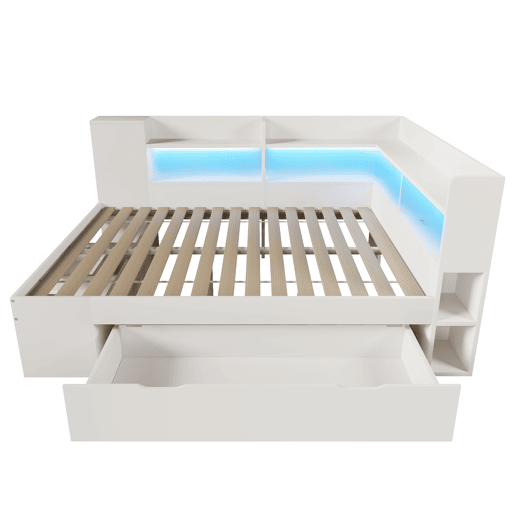 Cama funcional 140x200 cm - LED, USBTipo-C, arrumação e prateleiras - Branco Cama funcional 140x200 cm - LED, USBTipo-C, arrumação e prateleiras - Branco