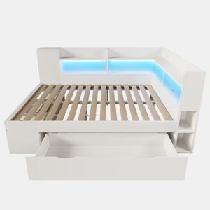 Cama funcional 140x200 cm - LED, USBTipo-C, arrumação e prateleiras - Branco