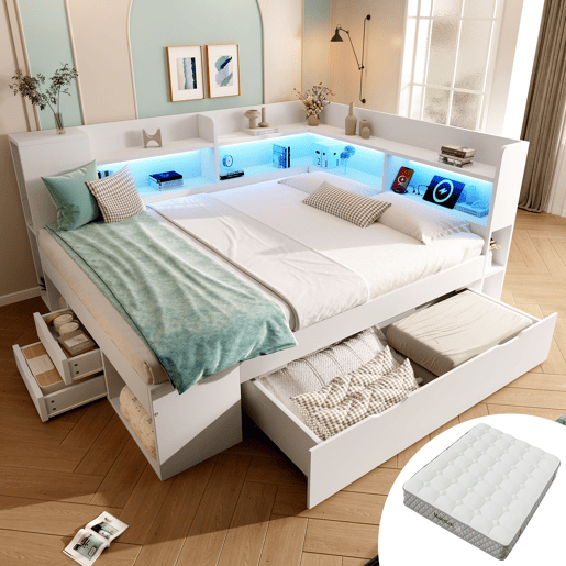 Cama funcional 140x200 cm - LED, USBTipo-C, arrumação e prateleiras - Branco Cama funcional 140x200 cm - LED, USBTipo-C, arrumação e prateleiras - Branco