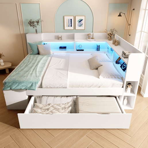 Cama funcional 140x200 cm - LED, USBTipo-C, arrumação e prateleiras - Branco Cama funcional 140x200 cm - LED, USBTipo-C, arrumação e prateleiras - Branco