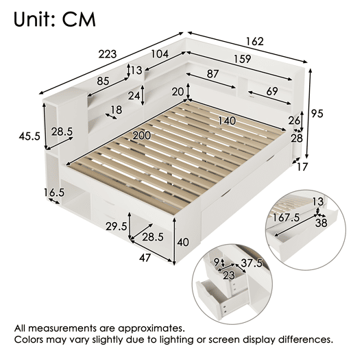 Cama funcional 140x200 cm - LED, USBTipo-C, arrumação e prateleiras - Branco Cama funcional 140x200 cm - LED, USBTipo-C, arrumação e prateleiras - Branco