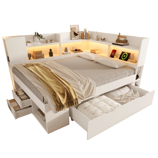 Cama funcional 140x200 cm - LED, USBTipo-C, arrumação e prateleiras - Branco Cama funcional 140x200 cm - LED, USBTipo-C, arrumação e prateleiras - Branco