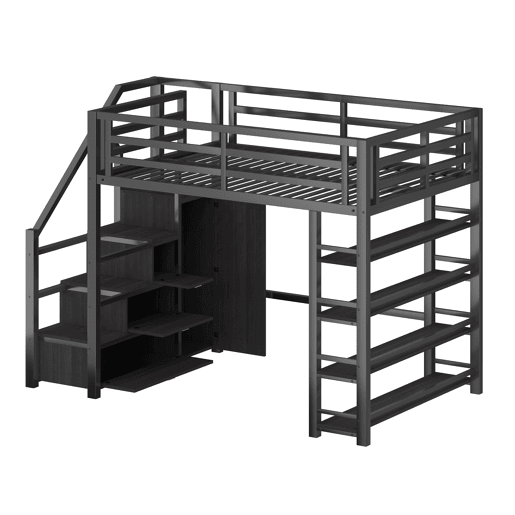 Cama alta metálica 140x200 - com prateleiras, armários, LED - Preto