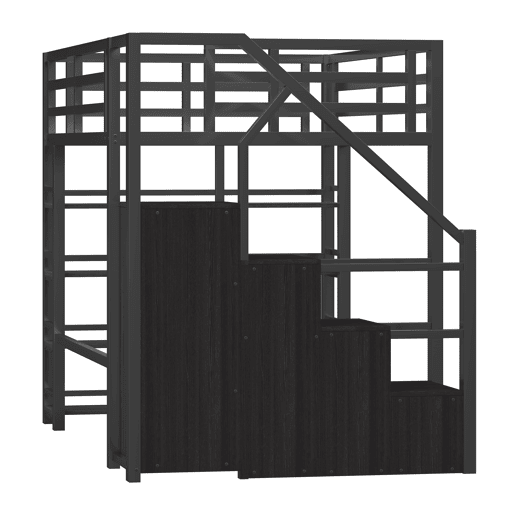 Cama alta metálica 140x200 - com prateleiras, armários, LED - Preto