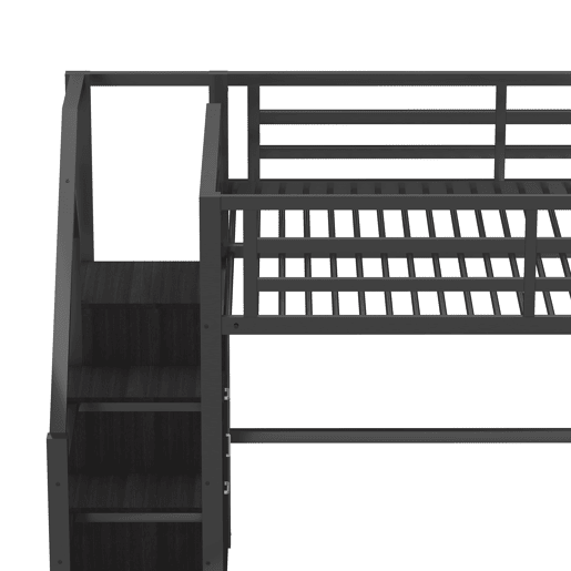 Cama alta metálica 140x200 - com prateleiras, armários, LED - Preto