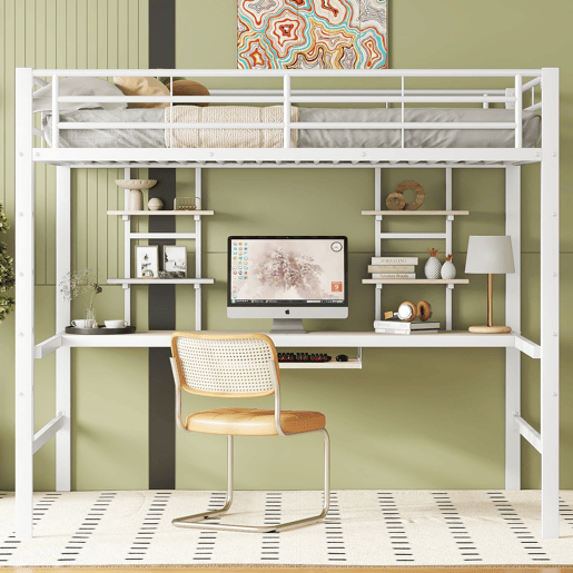 Cama alta 140x200 - com secretária e 2 estantes, metálica - branca