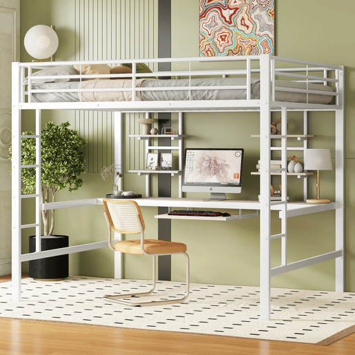 Cama alta 140x200 - com secretária e 2 estantes, metálica - branca