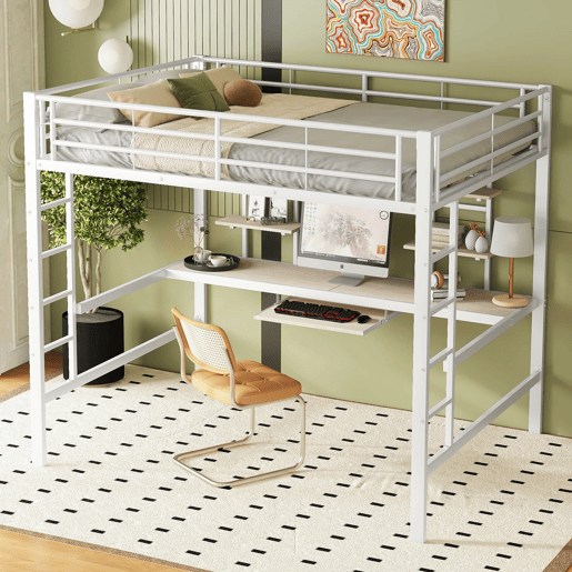 Cama alta 140x200 - com secretária e 2 estantes, metálica - branca
