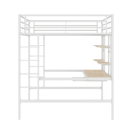 Cama alta 140x200 - com secretária e 2 estantes, metálica - branca