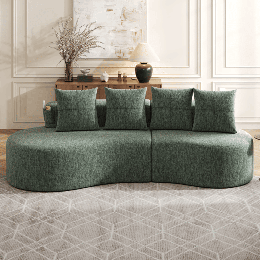 Sofá de linho com 4 almofadas - Enchimento de espuma de alta densidade + molas, porta-copos e bolso lateral - Verde