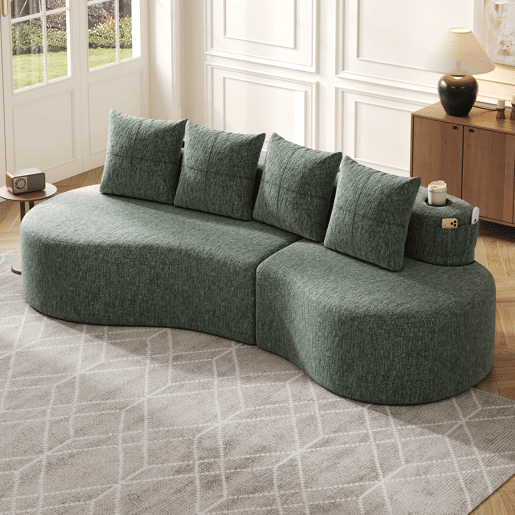 Sofá de linho com 4 almofadas - Enchimento de espuma de alta densidade + molas, porta-copos e bolso lateral - Verde