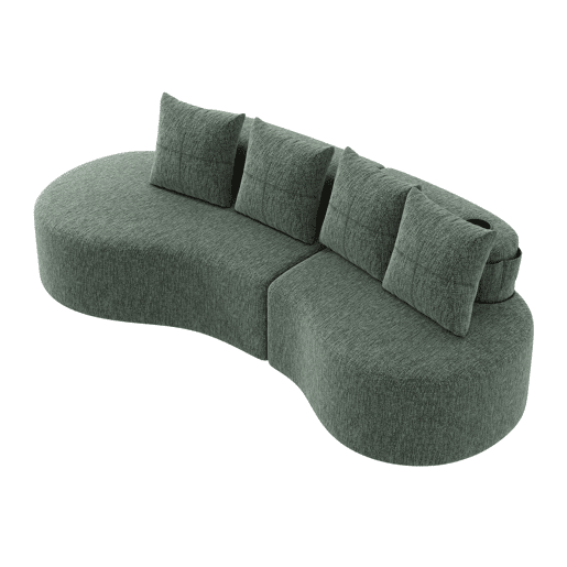 Sofá de linho com 4 almofadas - Enchimento de espuma de alta densidade + molas, porta-copos e bolso lateral - Verde