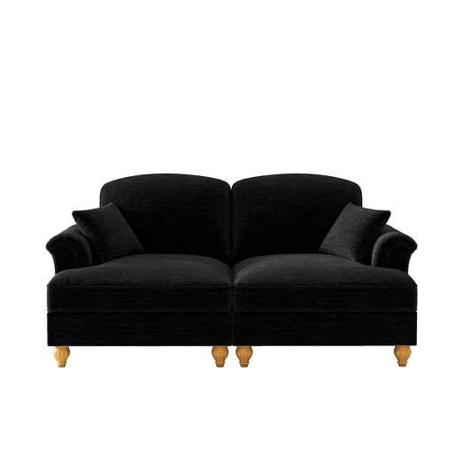 Sofá de 2 lugares - estilo mid-century, braços alargados, saia removível, pernas de madeira - Preto