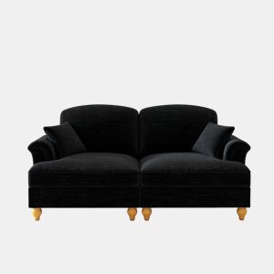 Sofá de 2 lugares - estilo mid-century, braços alargados, saia removível, pernas de madeira - Preto