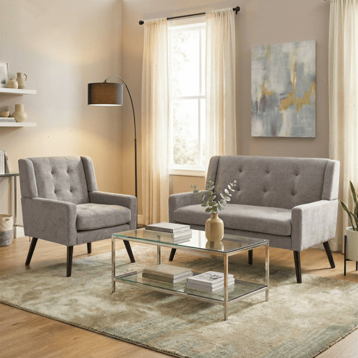 Conjunto de poltronas decorativas 1+2 lugares - espuma de alta densidade, pernas de madeira - cinza claro