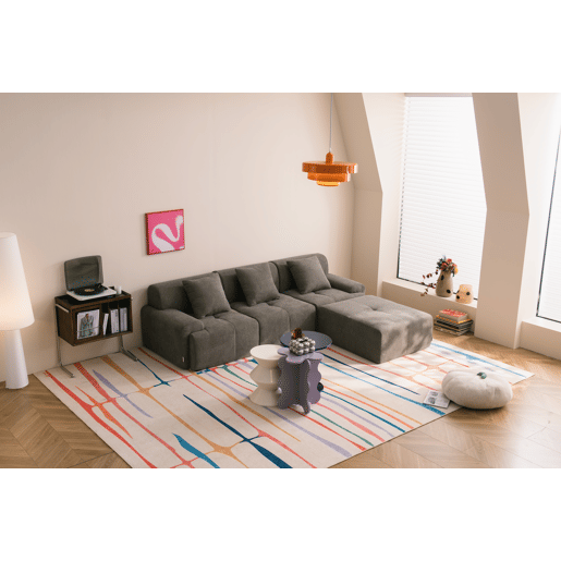 Sofá modular de 3 lugares com chaise longue, tecido chenille na cor castanho acinzentado