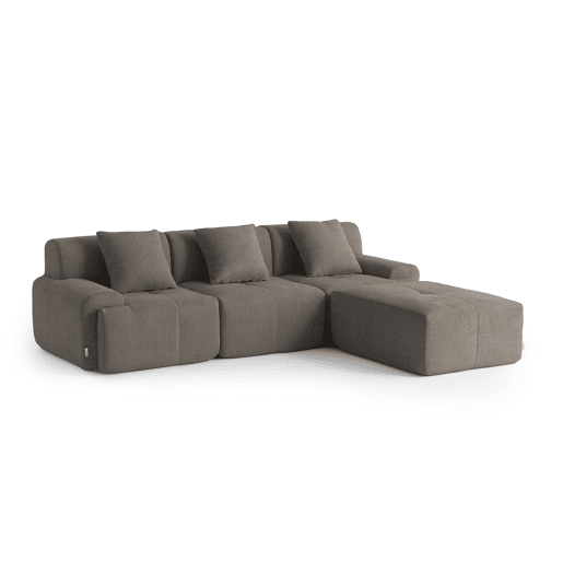 Sofá modular de 3 lugares com chaise longue, tecido chenille na cor castanho acinzentado