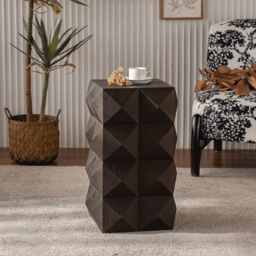 Mesa lateral 60 cm - Design retro com relevo 3D, mesa de cabeceira em madeira, castanha
