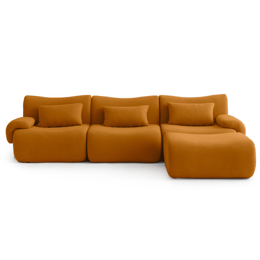 Sofá modular de 3 lugares com chaise longue, tecido bouclé na cor marrom canela