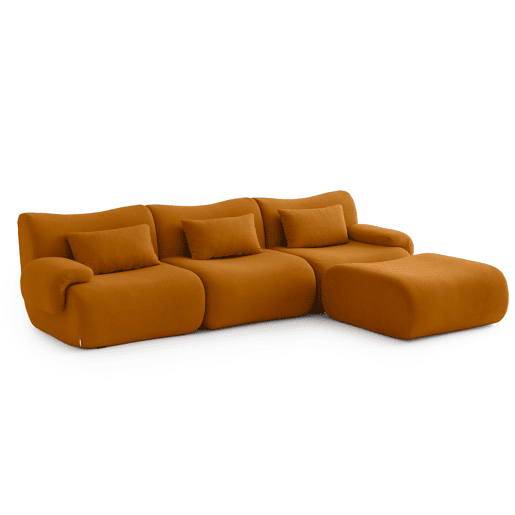 Sofá modular de 3 lugares com chaise longue, tecido bouclé na cor marrom canela
