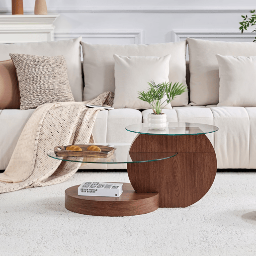 Mesa de centro - vidro de segurança de 2 níveis, design minimalista, MDF veado - TransparenteNogueira