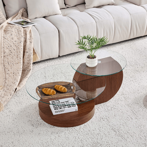 Mesa de centro - vidro de segurança de 2 níveis, design minimalista, MDF veado - TransparenteNogueira