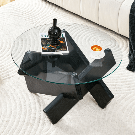 Mesa de centro redonda 79 cm - vidro temperado 0,8 cm, pernas MDF pretas - Preto, Transparente