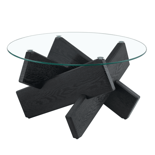 Mesa de centro redonda 79 cm - vidro temperado 0,8 cm, pernas MDF pretas - Preto, Transparente