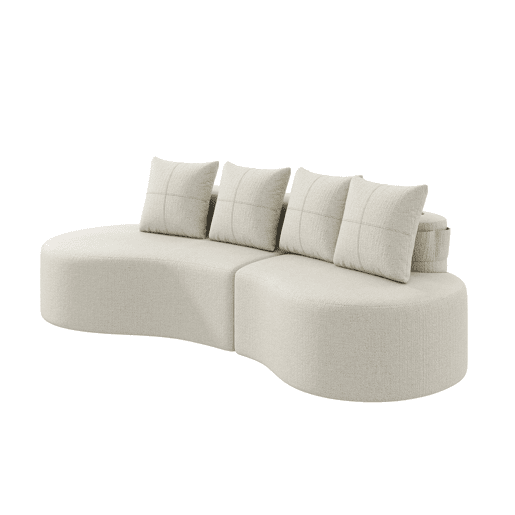 Sofá de linho para 4 pessoas - Almofadas, espuma de alta densidade, porta-copos, bolso lateral - Bege