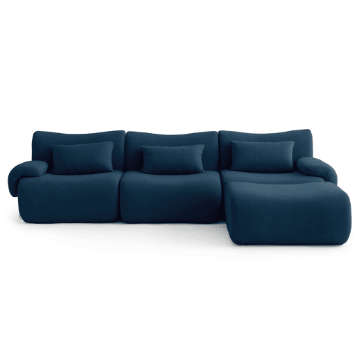 Sofá modular de 3 lugares com chaise longue, tecido bouclé na cor azul profundo