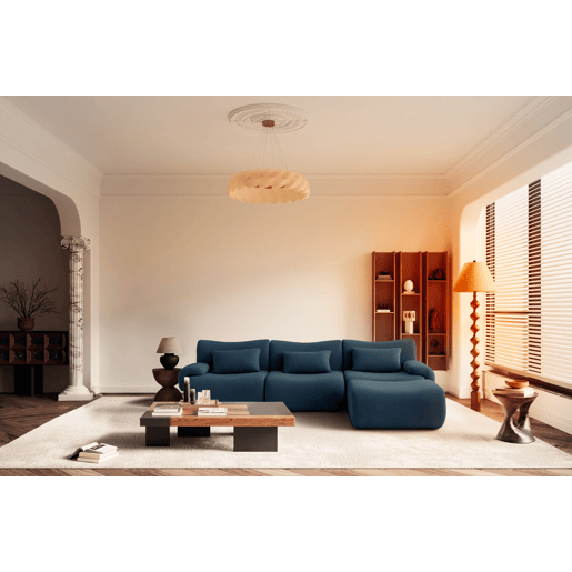 Sofá modular de 3 lugares com chaise longue, tecido bouclé na cor azul profundo