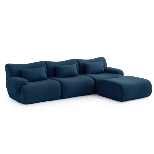 Sofá modular de 3 lugares com chaise longue, tecido bouclé na cor azul profundo