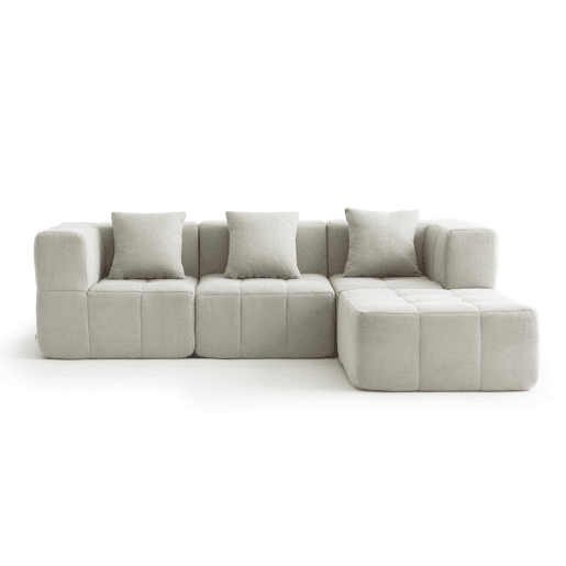 Sofá modular de 3 lugares com chaise longue, tecido bouclé na cor bege creme
