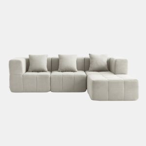 Sofá modular de 3 lugares com chaise longue, tecido bouclé na cor bege creme