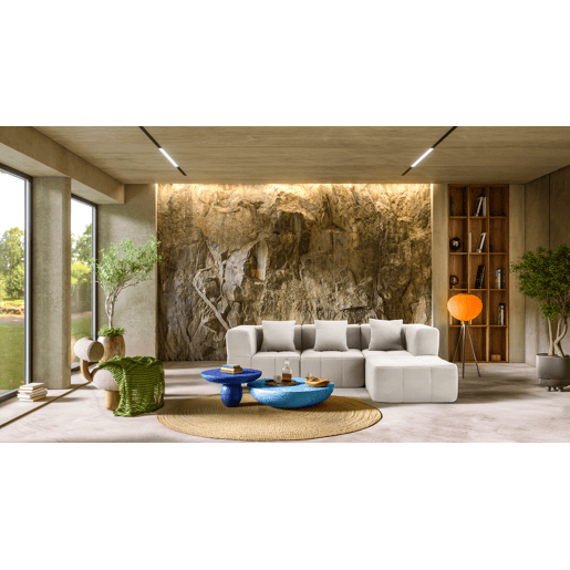 Sofá modular de 3 lugares com chaise longue, tecido bouclé na cor bege creme