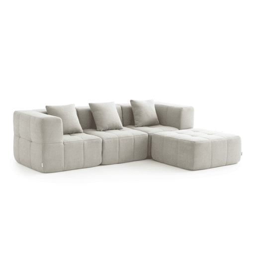 Sofá modular de 3 lugares com chaise longue, tecido bouclé na cor bege creme