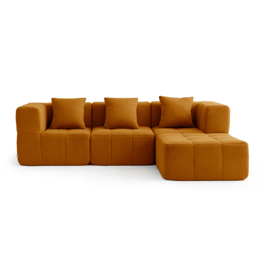 Sofá modular de 3 lugares com chaise longue, tecido bouclé na cor marrom canela