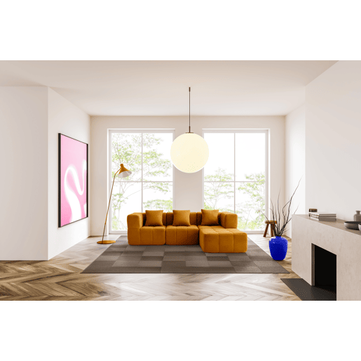 Sofá modular de 3 lugares com chaise longue, tecido bouclé na cor marrom canela