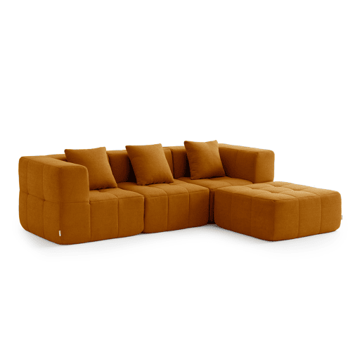 Sofá modular de 3 lugares com chaise longue, tecido bouclé na cor marrom canela