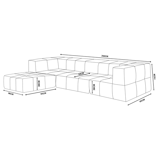 Sofá modular de 3 lugares com chaise longue, tecido bouclé na cor marrom canela
